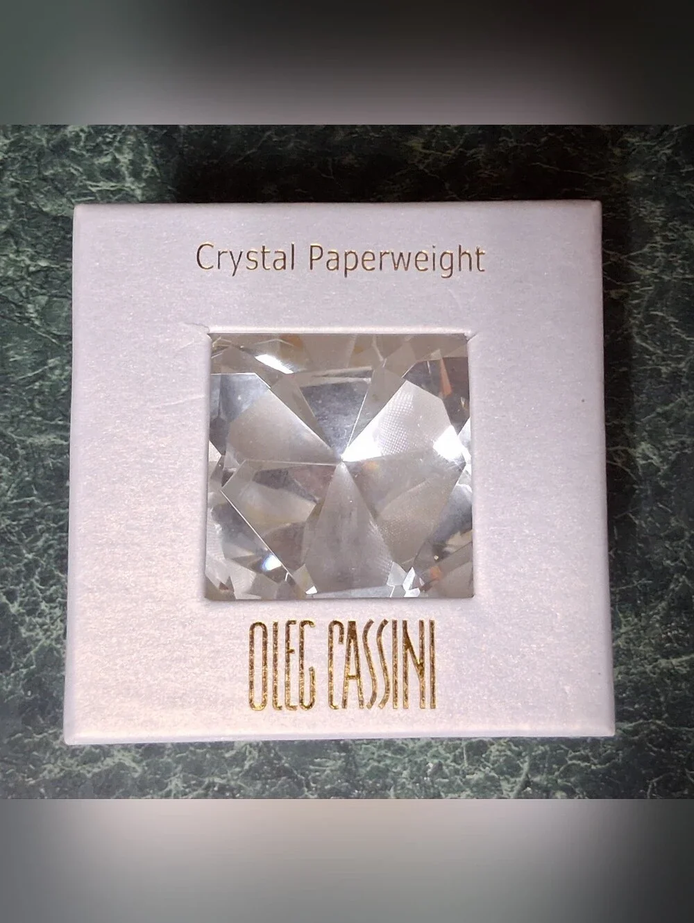 Oleg Cassini Crystal Paperweight Cut Diamond Marquise Clear 2” NIB